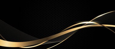 Siyah altıgen örgü dizaynı üzerinde soyut altın kurdele dalga eğrisi modern fütürist lüks arka plan çizimi.