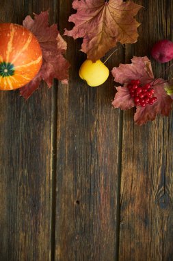 Sarı akçaağaç yaprakları, kırmızı elmalar ve balkabaklarıyla sonbahar arkaplanı. Sonbahar hasadının kopyalanmış ahşap üzerindeki çerçevesi. Mevsimlik teklifler ve tatil kartpostalları için model, üst görünüm