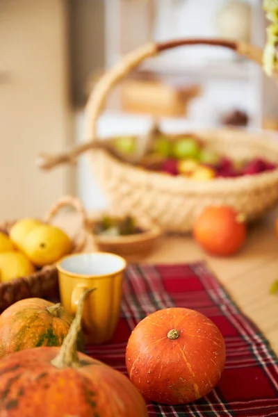 Autumn harvest in the kitchen, a small orange pumpkin on a red beautiful handkerchief with a woven basket of apples — Stock Photo, Image