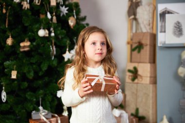 Beyaz kazaklı şirin bir kız zarif bir Noel yeşili Noel ağacının yanında duruyor ve elinde bir ekolojik hediye tutuyor, uzaklara bakıyor ve gülümsüyor.