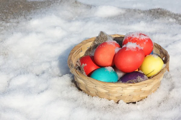 Color Easter eggs in a wooden basket on a napkin in snow — Stock Photo, Image