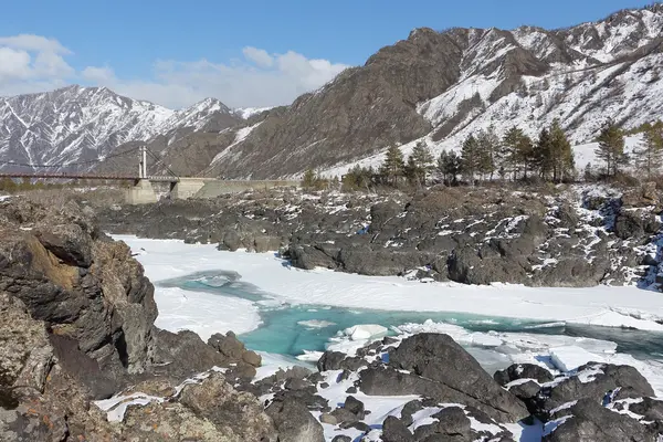 Öffnung des Eises auf dem türkisfarbenen Fluss Katun im Frühling — Stockfoto