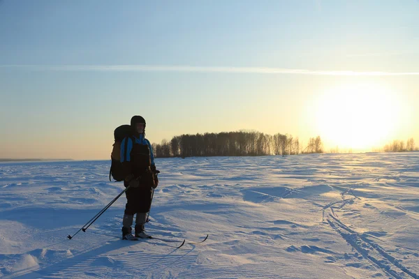 O esquiador vai ao pôr-do-sol — Fotografia de Stock