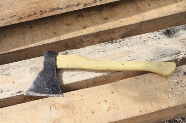 Açık havada taze çam kurullarında yalan balta