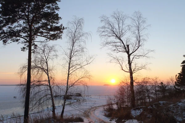 秋天冰冻河流上的日落, 西伯利亚, 西伯利亚, 俄罗斯 — 图库照片