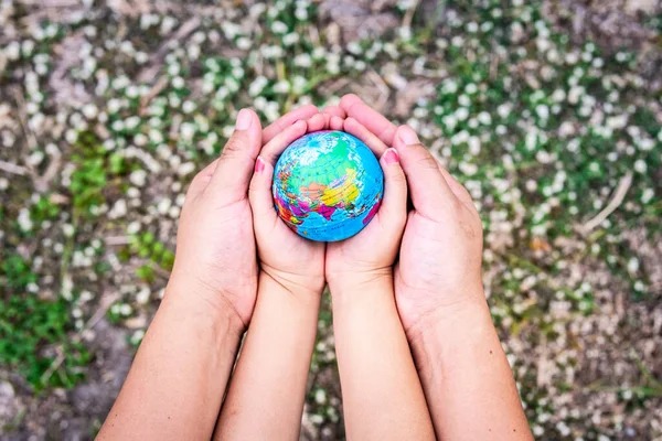 Closeup mother hand embraces the daughter hand embracing our globe in our palms on grounded background with green grass and white flowers. Blur the background. Concept to help take care of our world.