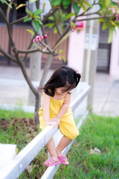 Foto Vertical Uma Menina Asiática Anos Idade Escalando Uma Cerca — Fotografia de Stock