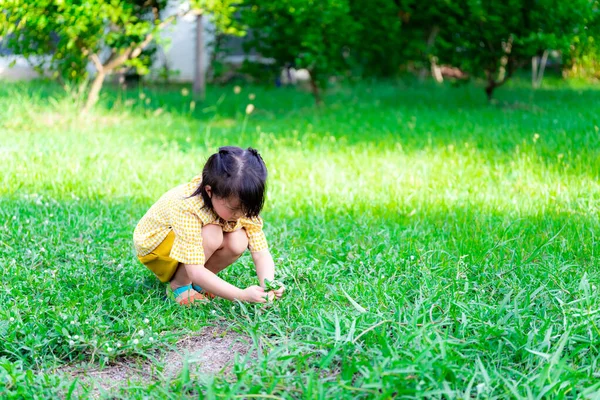 Gadis Kecil Asia Mengenakan Gaun Kuning Duduk Lapangan Berumput Malam — Stok Foto