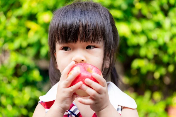 Hladová Roztomilá Dívka Červené Jablko Snímek Hlavy Asijských Dětí Okusuje — Stock fotografie