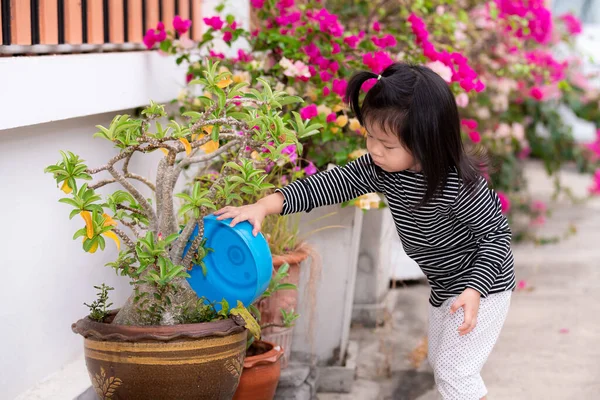 Una Chica Asiática Trabajadora Regó Las Plantas Frente Casa Con — Foto de Stock