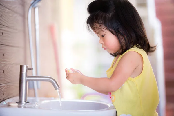 Adorable Children Wash Hands Soap White Sink Asian Kid Seriously — Stock Photo, Image