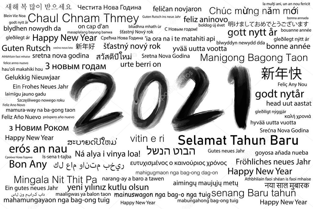 Vector illustration abstract black and white background. Happy New Year 2021 many languages around the world. For backdrop, card, postcard, greeting, celebration etc.