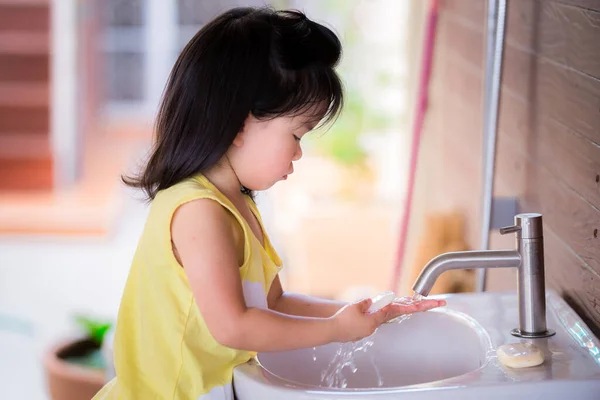 Cute Girl Washing Her Hands Soap White Sink Asian Child — Stock Photo, Image