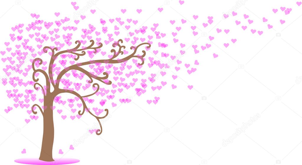 Vector Illustration abstract background. Tree of love. Pink sweet heart. Swaying tree. On isolated white background. Valentine's day concept.