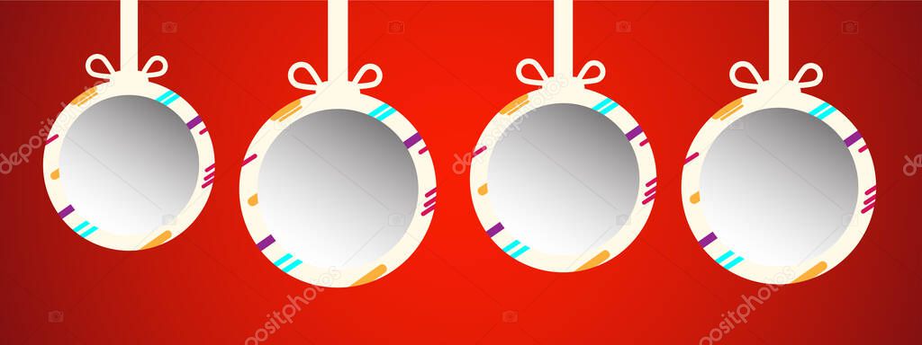 Vector illustration Christmas and New Year ball banner. On red background. Four farm paper ball.