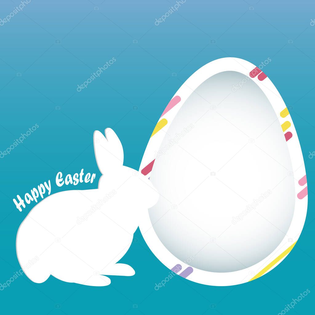 Happy Easter paper egg vector illustration abstract blue background. White rabbit and frame egg. For card etc.