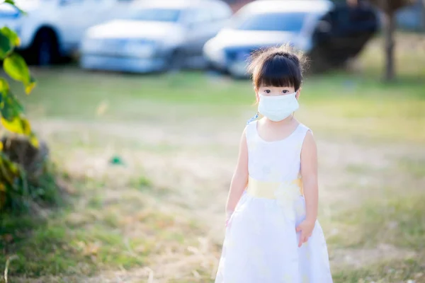 Girl White Dress Stands Parking Lot Rural Area Children Wear — Stock Photo, Image