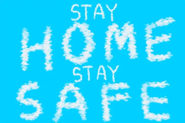 Text STAY HOME STAY SAFE on blue background.  Illustration abstract with hand drawing. Motivational Poster. Concept quarantine and stay at home. Telework. Stop coronavirus outbreak. Cloud lettering.