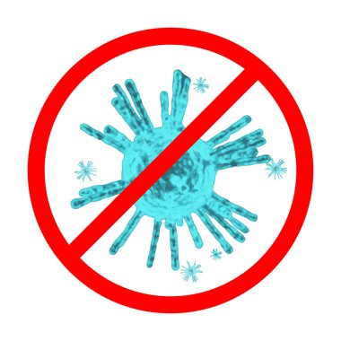 Üç boyutlu virüs. İllüzyon. Kırmızı yasak işareti olan Corona Virüsü (Covid-19) hastalığı. İzole edilmiş beyaz arkaplanda.