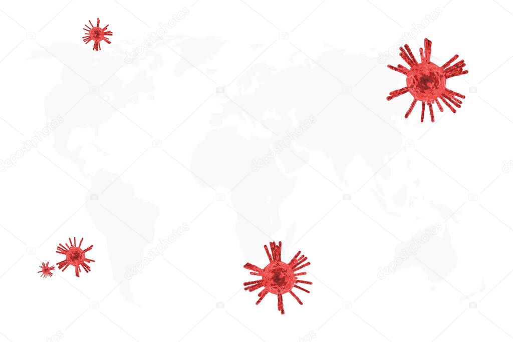 3D virus. Vector Illustration Graphic Corona virus Outbreak is spreading rapidly throughout the world. Three-dimensional virus. On a gray map background. On an isolated white background. Copy Space.