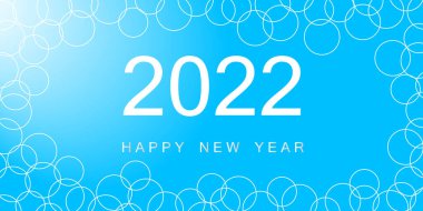 Mutlu yıllar 2022 konsepti. Gelecek yıl için beyaz metin 2022. Ve gümüş renkli, kocaman mutlu yıllar mesajı. Parlak mavi arka planda. Beyaz baloncuk çizgisi çerçevedir. Soyut arkaplan. Düz Sanat İllüstrasyonu