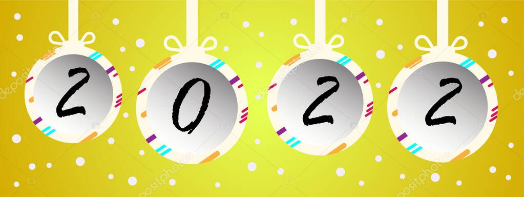 Paper Frame Christmas ball on yellow gold background. Snow flack on background. Vector Illustration abstract background. Flat Art. Merry Christmas and Happy New Year 2022 concept. For banner etc.