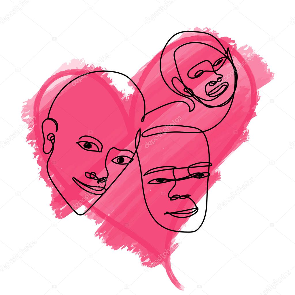 One line drawing. Surreal line portraiture family person. Parent and son or daughter. On red love heard. White background. Vector Illustration.