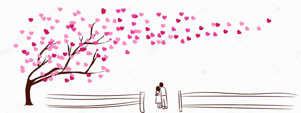 Happy Valentine's Day concept. Flat art vector illustration abstract background. Tree of love pink and red. Blown heart leaves. Couple standing hugging each other painted with brown brush. White background.