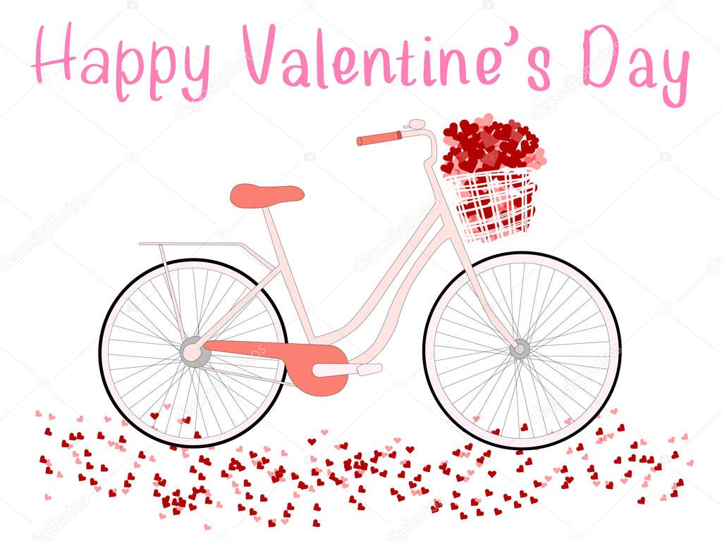 Vector Illustration abstract background. Flat art. Pink bike is carrying basket of love hearts in front of sweet bicycle. Small hearts fell to ground. Isolated white background. Happy Valentine's Day.