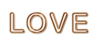 İllüstrasyon Altın Folyo Balonu. 3D gerçekçi hava balonundan yapılmış aşk metni. Birkaç konseptle eşsiz bir dekorasyon için kullanıma hazır. Beyaz arkaplanda.