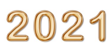 Görüntü Altın Folyo Balonu 2021. Gerçekçi 3D hava balonundan yapılmış metin. Mutlu Yıllar dekorasyonu için kullanıma hazır. Beyaz arkaplanda.