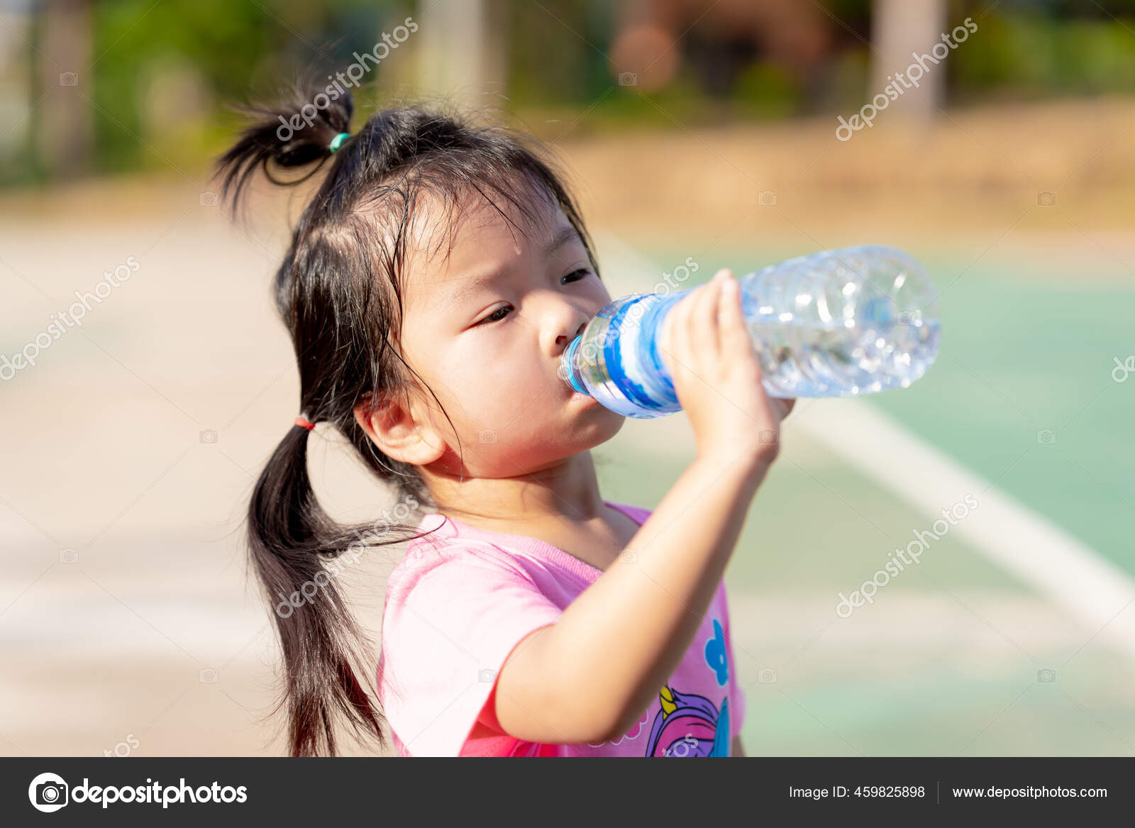 Asian Little Girls Drink Some Water Plastic Bottles Child Sweat