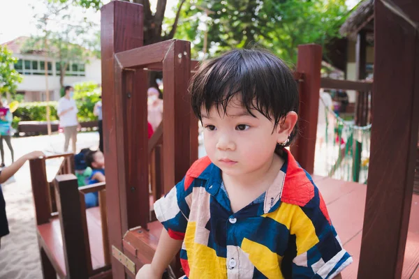 Asian Boy Play Outdoor Playground Summer Spring Child Felt Hot — Stock Fotó