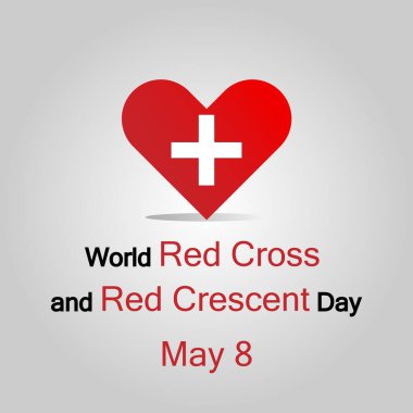 Vector Illustration flat design. World Red Cross and Red Crescent Day concept. May 8. White Red Cross symbol on a red heart. Gray background. EPS10. clipart