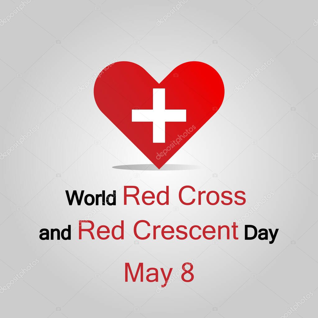 Vector Illustration flat design. World Red Cross and Red Crescent Day concept. May 8. White Red Cross symbol on a red heart. Gray background. EPS10.