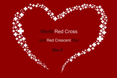 Vector Illustration flat design. World Red Cross and Red Crescent Day concept. May 8. White Red Cross symbol is heart shape. Red background. EPS10. clipart