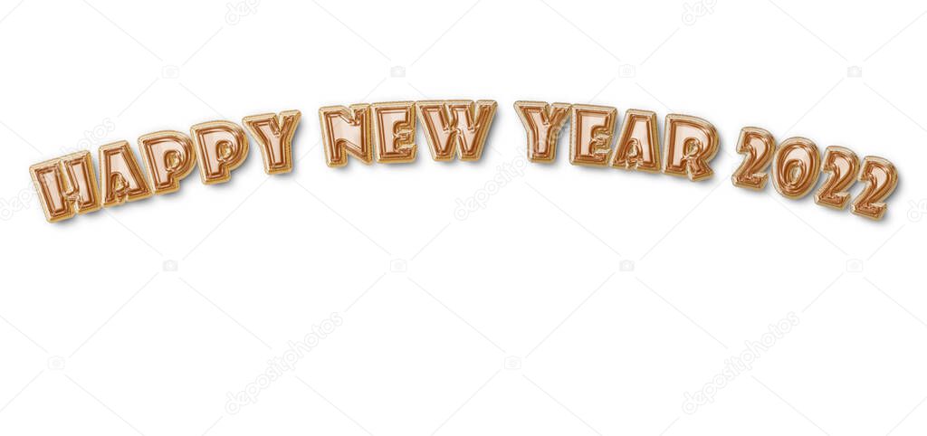 Happy NEW YEAR 2022 text foil balloon gold curve on white background. Illustration design.
