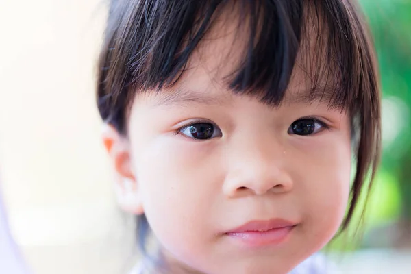 Close Asian Kid Face Smile Little Bit Girl Has Bangs — Stock Photo, Image