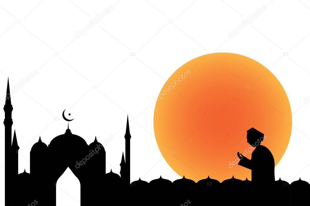 Ramadan vector abstract illustration art design. The silhouette of a man who is elk and facing the mosque. Orange sun background. Isolated white background.