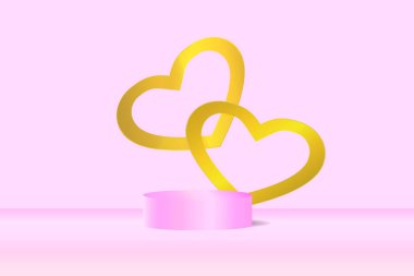 Podyum, açık pembe arka planlı 3D ürün. Rafın arkasında altın kalp. Romantik aşk sunumu için. Sevgililer Günü. Vektör EPS 10.