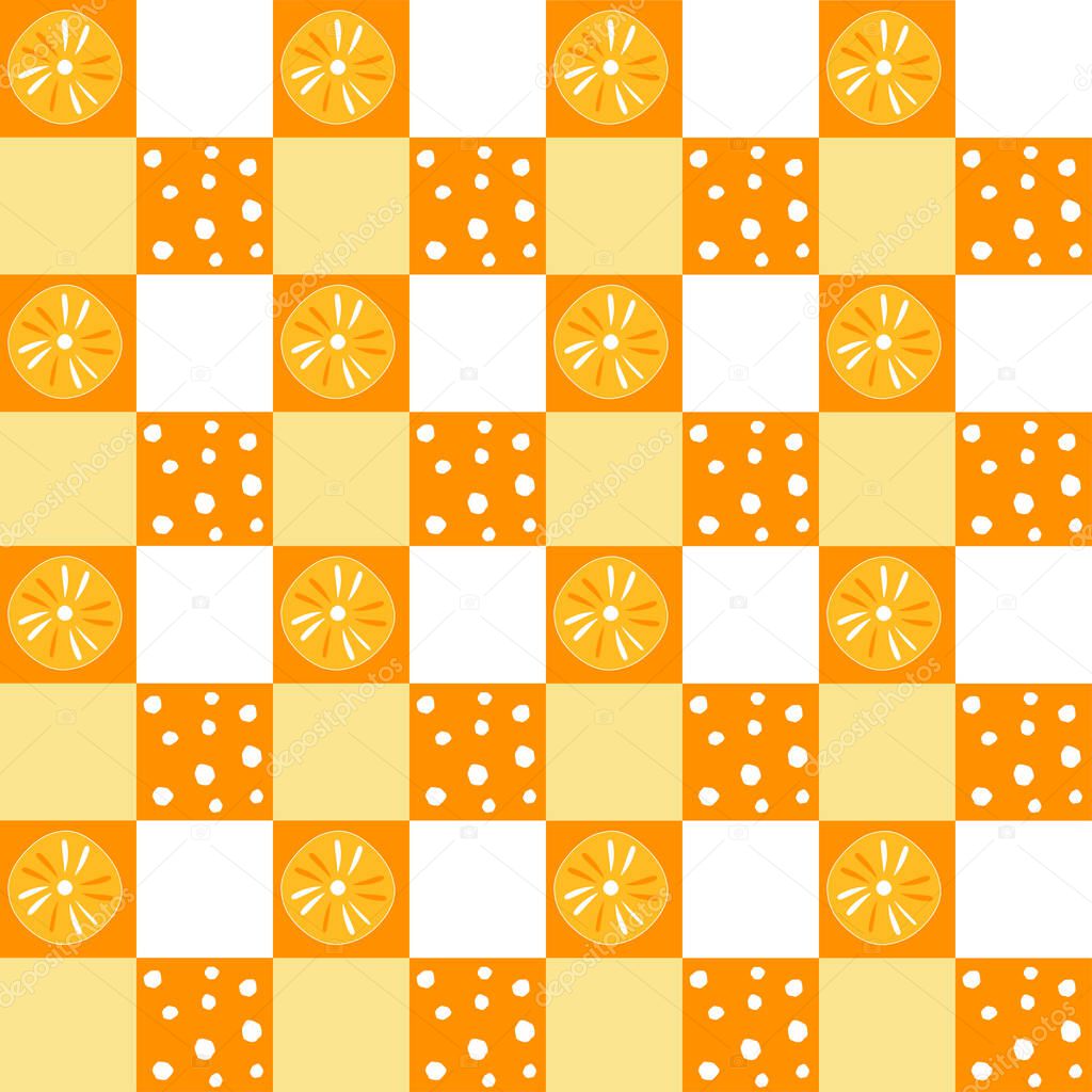 Seamless Sliced Oranges in checkered pattern. Summer fruit. Illustration abstract background. Cartoon flat art design. Vector EPS10.