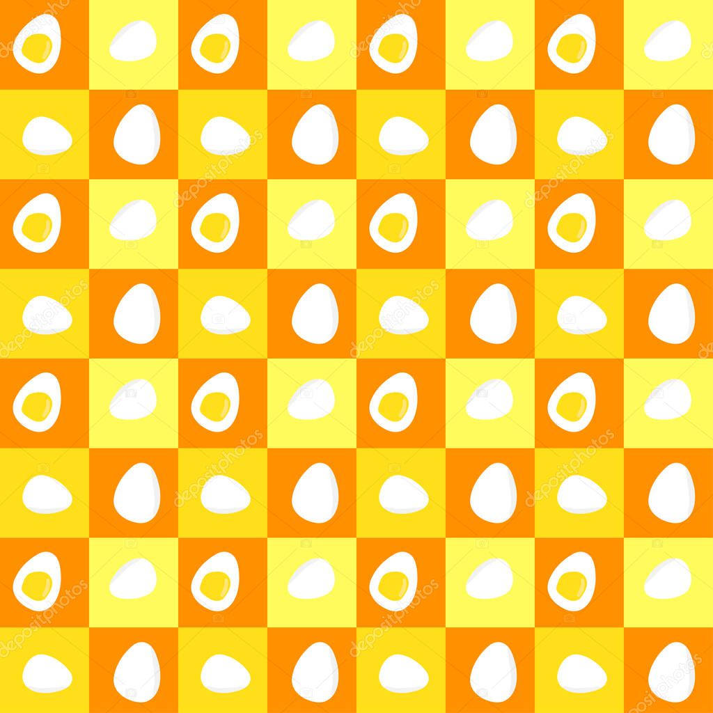Seamless boiled egg in checkered pattern. Food cartoon background. Illustration abstract flat art design. Vector EPS10.