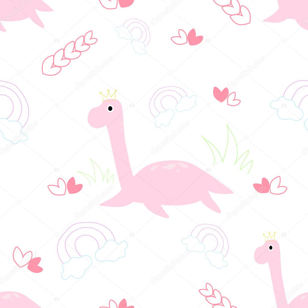 Seamless Pink Dinosaur. For wall decoration Kindergarten, Nursery, tablecloth, gift wrap, card etc. Illustration abstract art design. Vector EPS10.