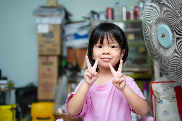 Cute Asian Child Girl Sweet Smile Happy Kid Raise Finger — Stock Fotó