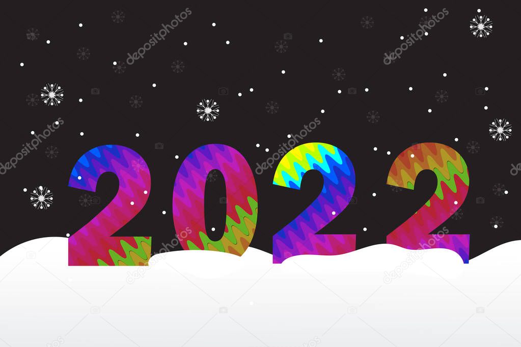 HAPPY NEW YEAR 2022 CONCEPT. Text year 2022 funny pattern. On floor snow white and the snowflakes fluttered in the dark night. Abstract art design. Happy illustration background. Vector EPS10.