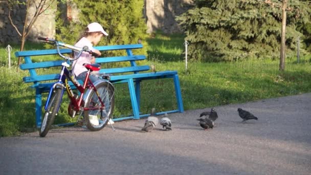 Niño monta una bicicleta para aparcar — Vídeo de stock