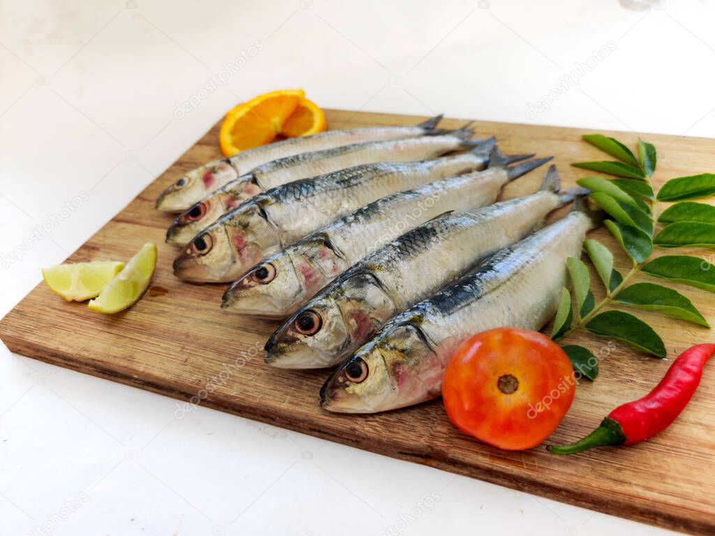 Close up view of Fresh Indian oil sardine on a wooden pad,Decorated with herbs and Vegetables.White Background.