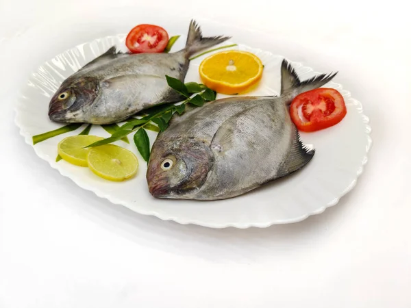 Closeup View Black Pomfret Fish Decorated Vegetables Herbs White Plate — Stock Photo, Image