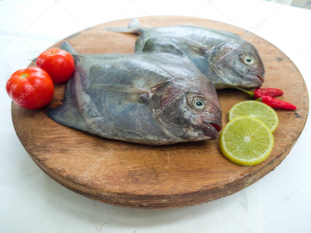 Closeup view of Black Pomfret fish decorated with Vegetables and herbs on a wooden pad,White Background.