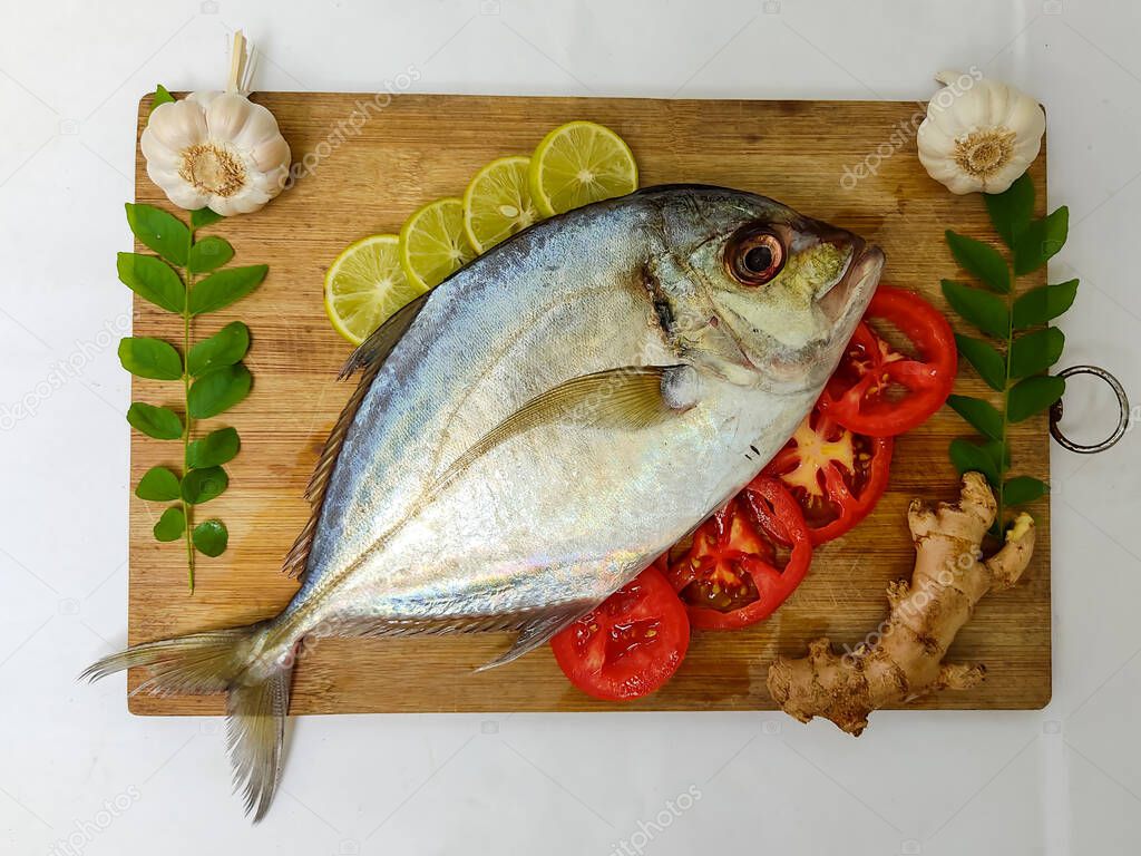 Close up view of fresh Malabar Trevally Fish decorated with curry leaves , tomato,lemon slice and herbs on a white Background.